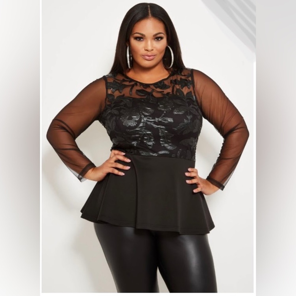 Ashley Stewart Textured Pleather Peplum Top